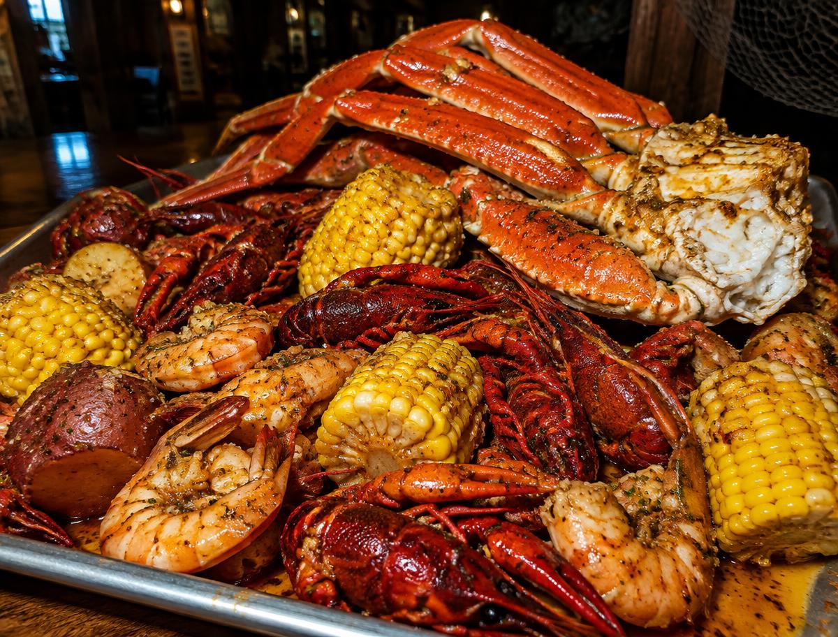 Cajun seafood boil piled with snow crab, crawfish, shrimp, corn, and potatoes